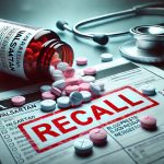 Nahaufnahme eines verschütteten Pillenbehälters mit der Aufschrift „Valsartan“. Weiße und rosafarbene Tabletten liegen auf einem medizinischen Bericht, der mit einem roten „RECALL“-Stempel versehen ist. Im Hintergrund sind ein verschwommenes Stethoskop und ein Blutdruckmessgerät auf einem Arzt-Schreibtisch zu sehen.