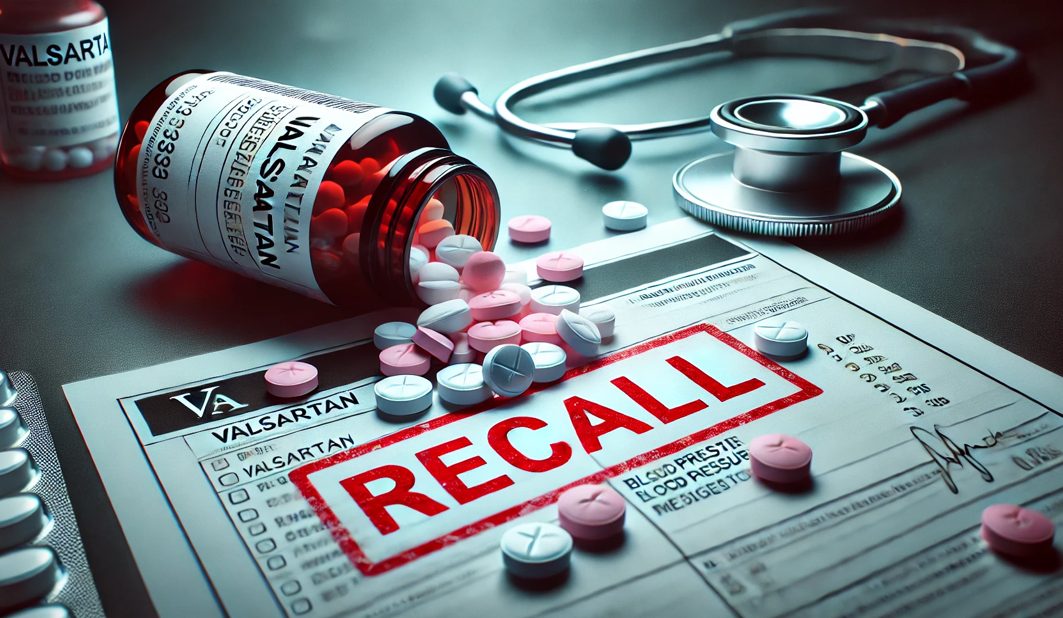 Nahaufnahme eines verschütteten Pillenbehälters mit der Aufschrift „Valsartan“. Weiße und rosafarbene Tabletten liegen auf einem medizinischen Bericht, der mit einem roten „RECALL“-Stempel versehen ist. Im Hintergrund sind ein verschwommenes Stethoskop und ein Blutdruckmessgerät auf einem Arzt-Schreibtisch zu sehen.