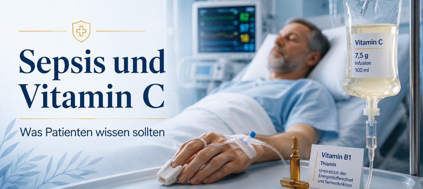Sepsis-Patient im Krankenhaus mit Vitamin-C-Infusion und Vitamin B1 als ergänzende Therapie.