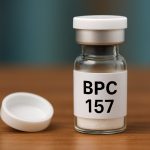 Glasfläschchen mit BPC 157 Peptidpulver auf Holzuntergrund, unscharfer Hintergrund in Blaugrün