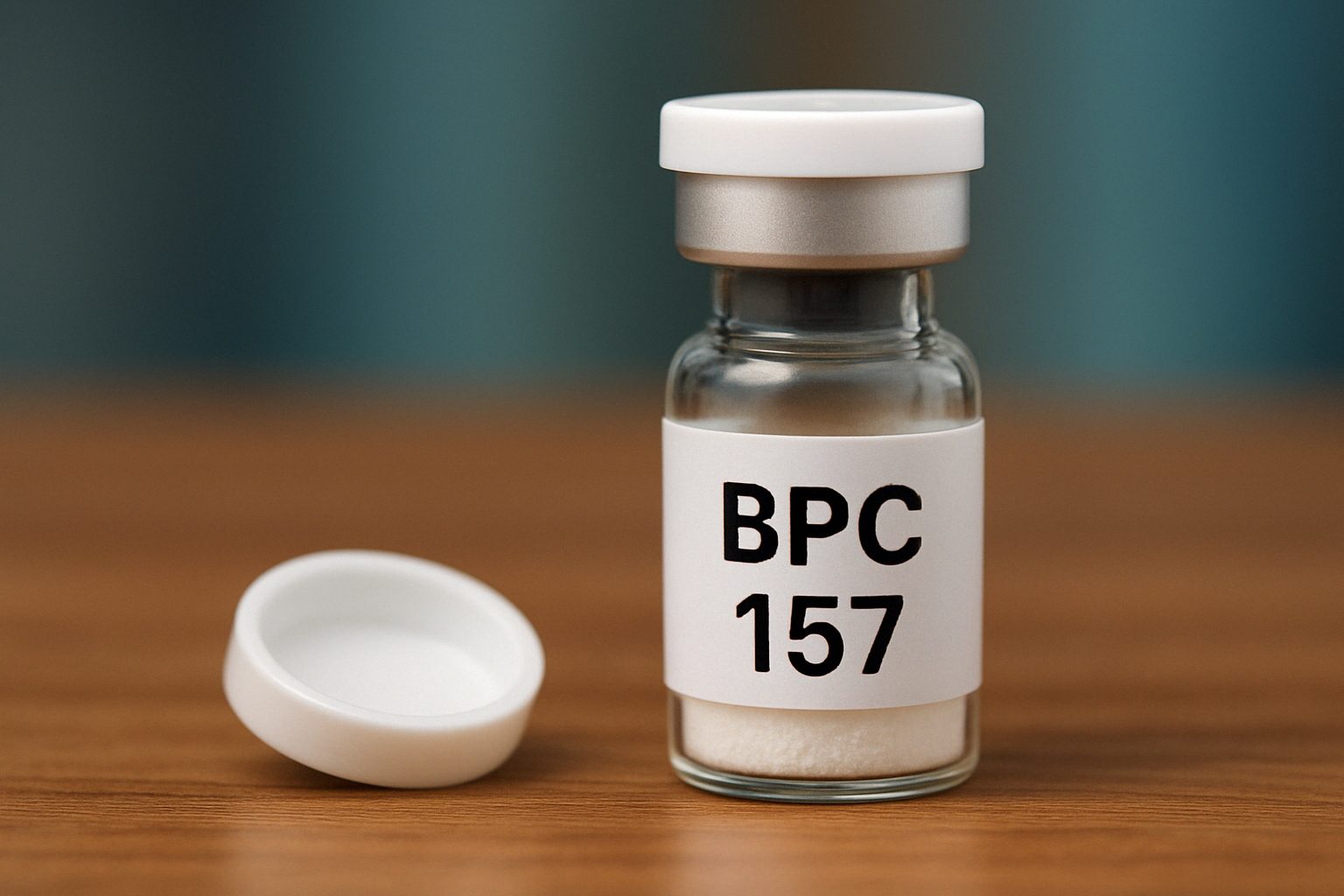 Glasfläschchen mit BPC 157 Peptidpulver auf Holzuntergrund, unscharfer Hintergrund in Blaugrün