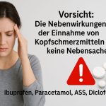 Frau mit Kopfschmerzen hält sich den Kopf, daneben ein rotes Warnsymbol und ein Hinweis auf die Nebenwirkungen gängiger Wirkstoffe wie Ibuprofen, Paracetamol, ASS und Diclofenac