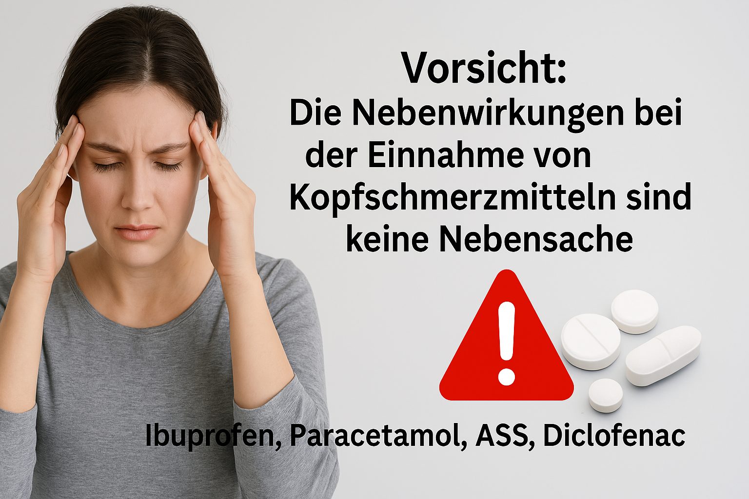 Frau mit Kopfschmerzen hält sich den Kopf, daneben ein rotes Warnsymbol und ein Hinweis auf die Nebenwirkungen gängiger Wirkstoffe wie Ibuprofen, Paracetamol, ASS und Diclofenac