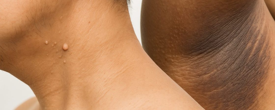 Nahaufnahme eines menschlichen Halses mit mehreren Hautanhängseln (Skin Tags) sowie einer dunklen, samtartigen Verfärbung in der Achselhöhle (Acanthosis nigricans) als mögliche Anzeichen für Insulinresistenz.