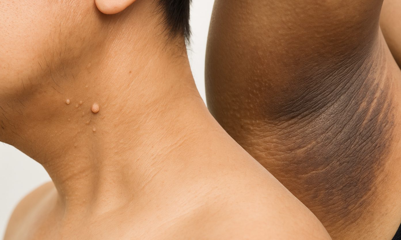 Nahaufnahme eines menschlichen Halses mit mehreren Hautanhängseln (Skin Tags) sowie einer dunklen, samtartigen Verfärbung in der Achselhöhle (Acanthosis nigricans) als mögliche Anzeichen für Insulinresistenz.
