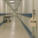 Ein leerer, steriler Krankenhausflur mit Preisschildern an Türen und Betten – sinnbildlich für die Ökonomisierung des Gesundheitswesens.