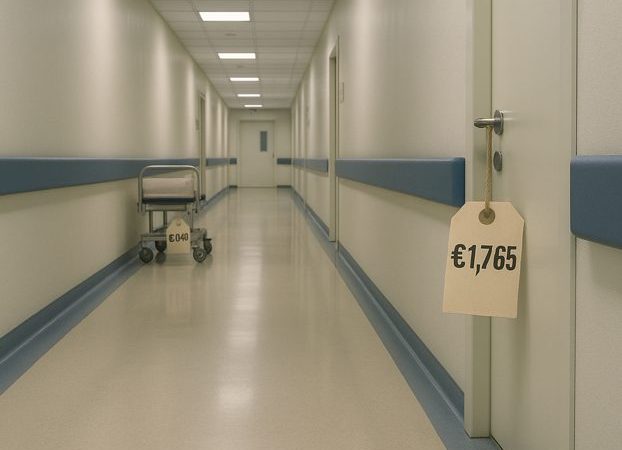 Ein leerer, steriler Krankenhausflur mit Preisschildern an Türen und Betten – sinnbildlich für die Ökonomisierung des Gesundheitswesens.