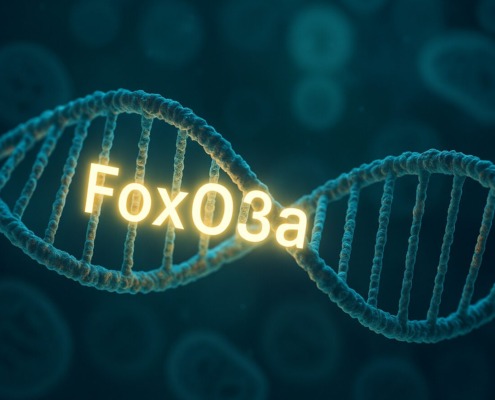 3D-Darstellung einer DNA-Helix mit leuchtend markiertem FoxO3a-Gen als Symbol für Langlebigkeitsforschung