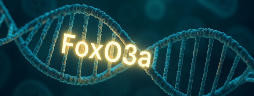 3D-Darstellung einer DNA-Helix mit leuchtend markiertem FoxO3a-Gen als Symbol für Langlebigkeitsforschung