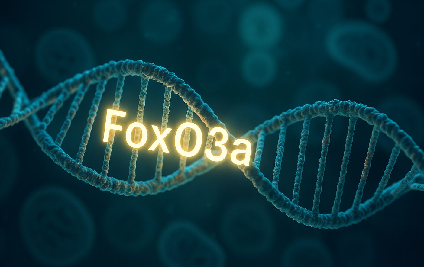 3D-Darstellung einer DNA-Helix mit leuchtend markiertem FoxO3a-Gen als Symbol für Langlebigkeitsforschung