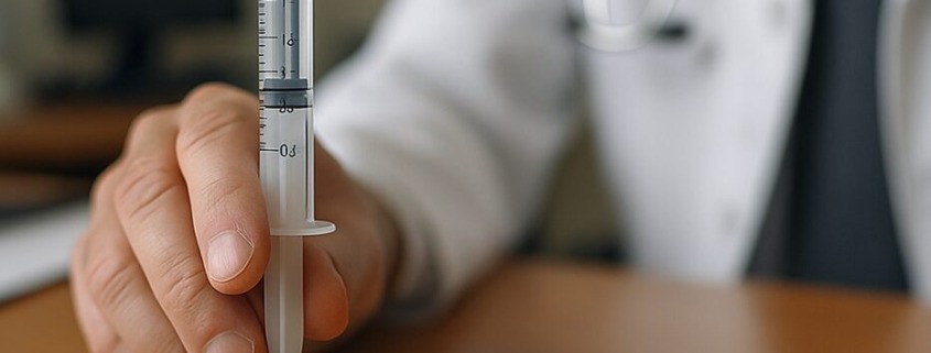 Nahaufnahme einer Arzt-Hand mit Spritze, daneben liegen Euro-Geldscheine auf einem Schreibtisch – Symbol für finanzielle Anreize beim Impfen.