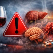 Alkohol erhöht das Krebsrisiko: Weinglas neben Warnsymbol sowie Leber, Gehirn und Tumorzellen als Gesundheitsrisiken