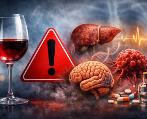 Alkohol erhöht das Krebsrisiko: Weinglas neben Warnsymbol sowie Leber, Gehirn und Tumorzellen als Gesundheitsrisiken