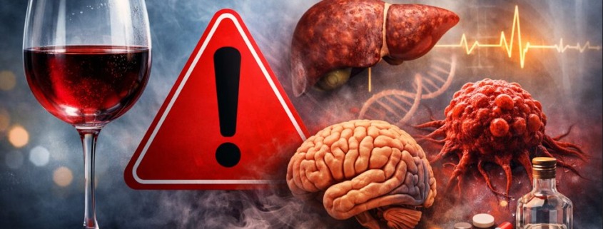 Alkohol erhöht das Krebsrisiko: Weinglas neben Warnsymbol sowie Leber, Gehirn und Tumorzellen als Gesundheitsrisiken