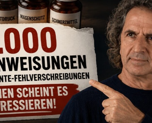 Rene Gräber zeigt auf Schlagzeile zu 250.000 Klinikeinweisungen durch Medikamentenfehler vor Hintergrund mit Tabletten und Patientenakte