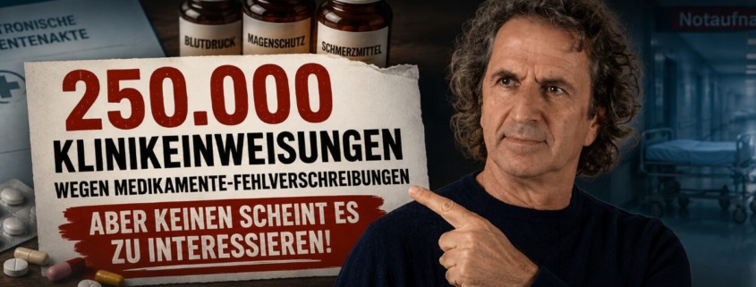 Rene Gräber zeigt auf Schlagzeile zu 250.000 Klinikeinweisungen durch Medikamentenfehler vor Hintergrund mit Tabletten und Patientenakte