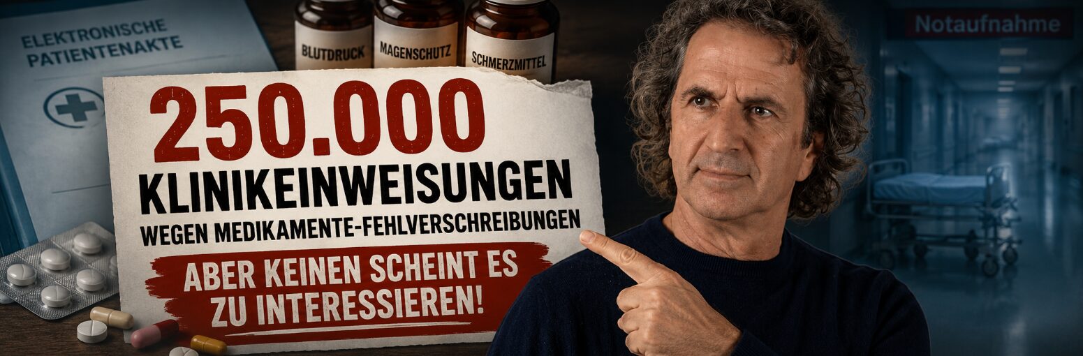 Rene Gräber zeigt auf Schlagzeile zu 250.000 Klinikeinweisungen durch Medikamentenfehler vor Hintergrund mit Tabletten und Patientenakte