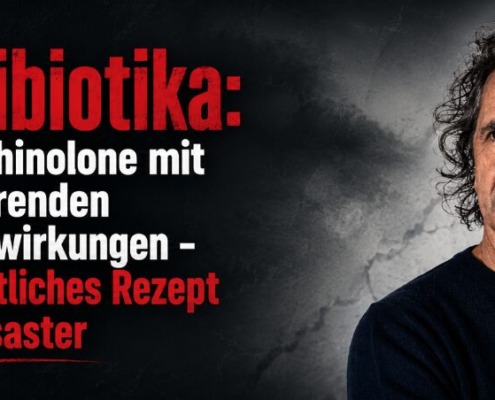 René Gräber vor Warnsymbol und Rezeptgrafik zu Fluorchinolon-Antibiotika und schweren Nebenwirkungen