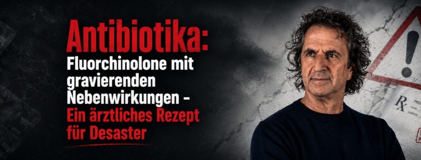 René Gräber vor Warnsymbol und Rezeptgrafik zu Fluorchinolon-Antibiotika und schweren Nebenwirkungen