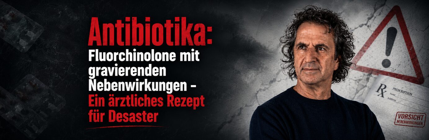 René Gräber vor Warnsymbol und Rezeptgrafik zu Fluorchinolon-Antibiotika und schweren Nebenwirkungen
